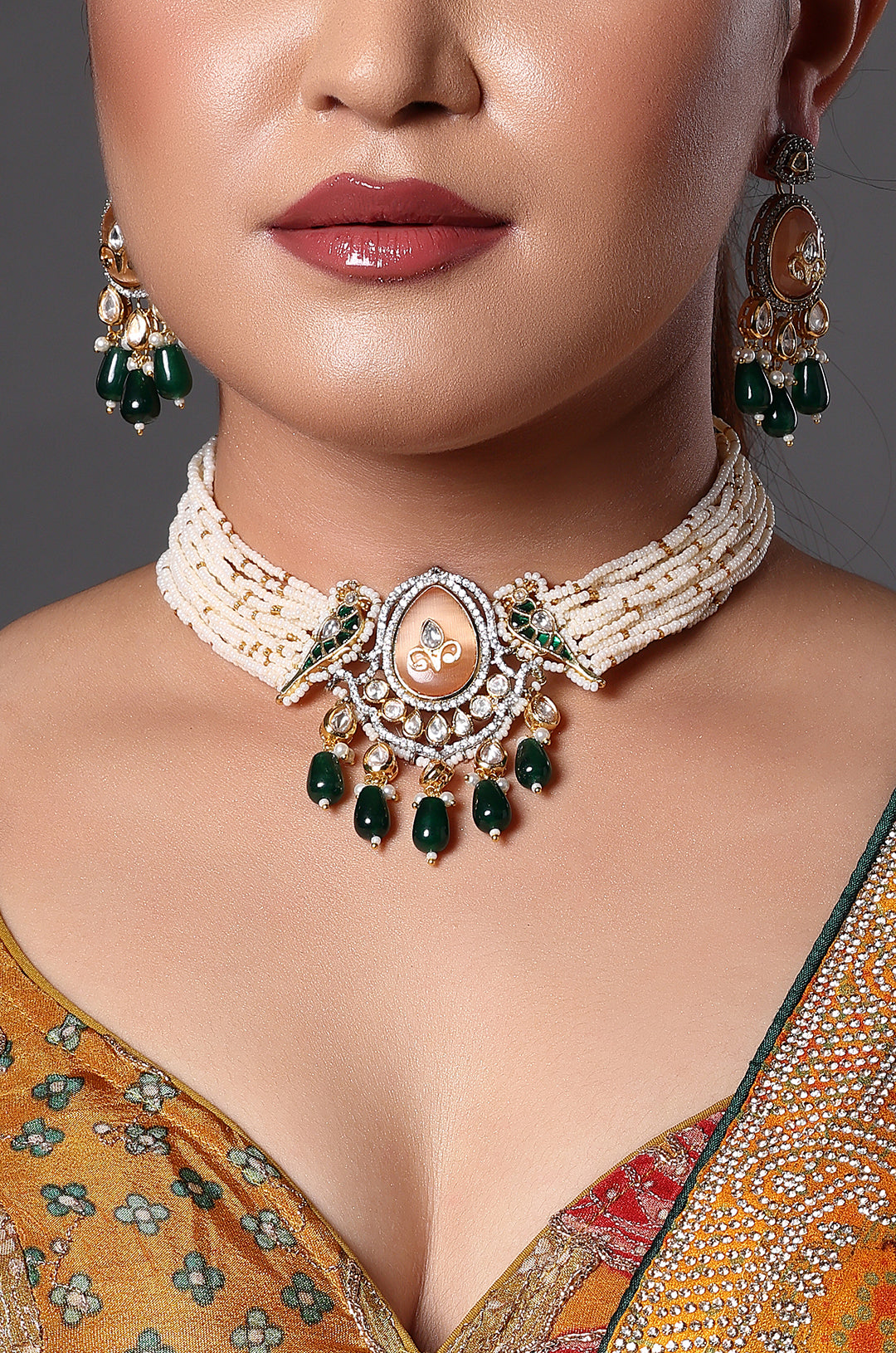 Pearl Choker with Emerald Drops & Kundan Work