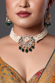 Pearl Choker with Emerald Drops & Kundan Work