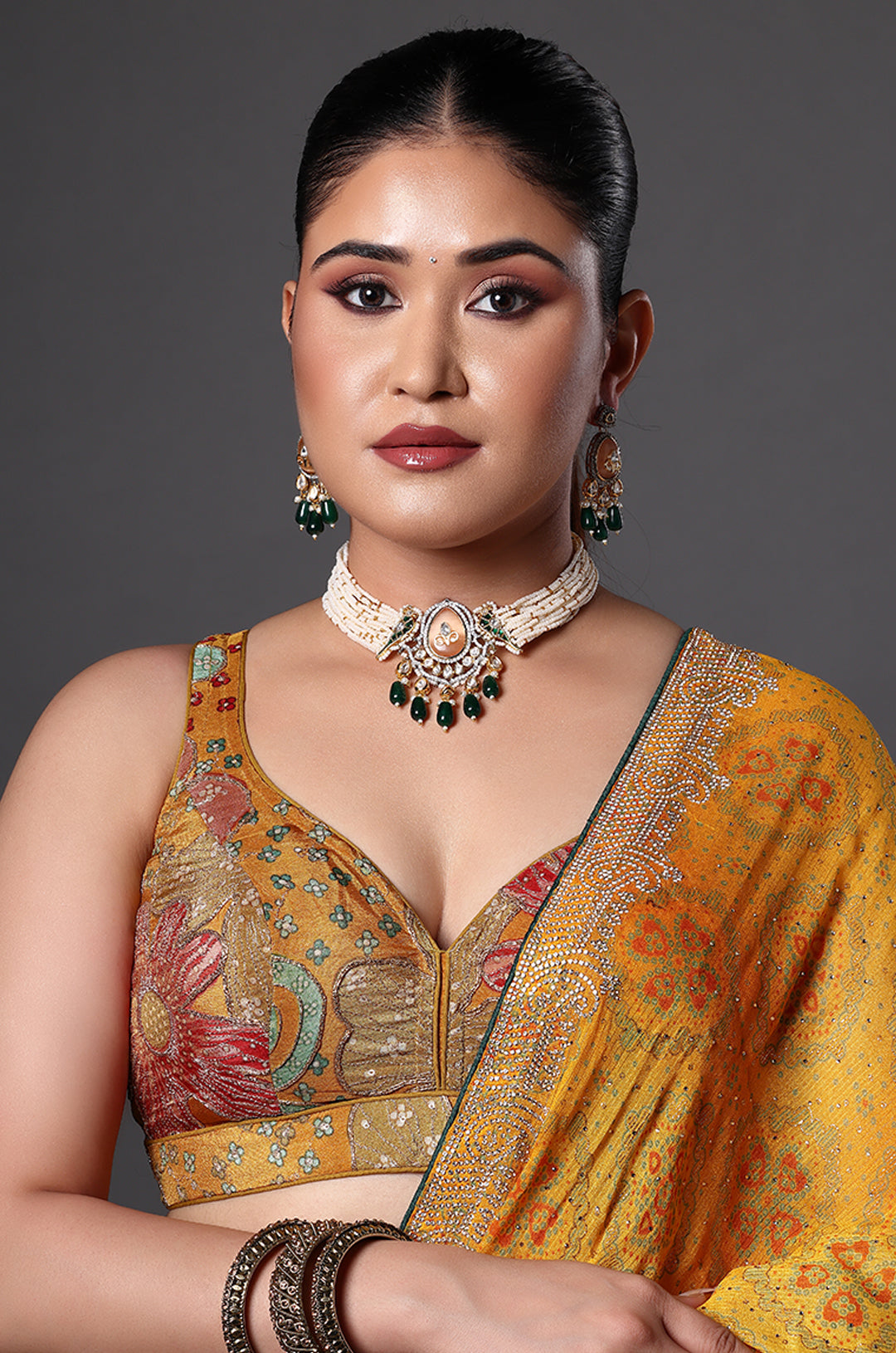 Pearl Choker with Emerald Drops & Kundan Work