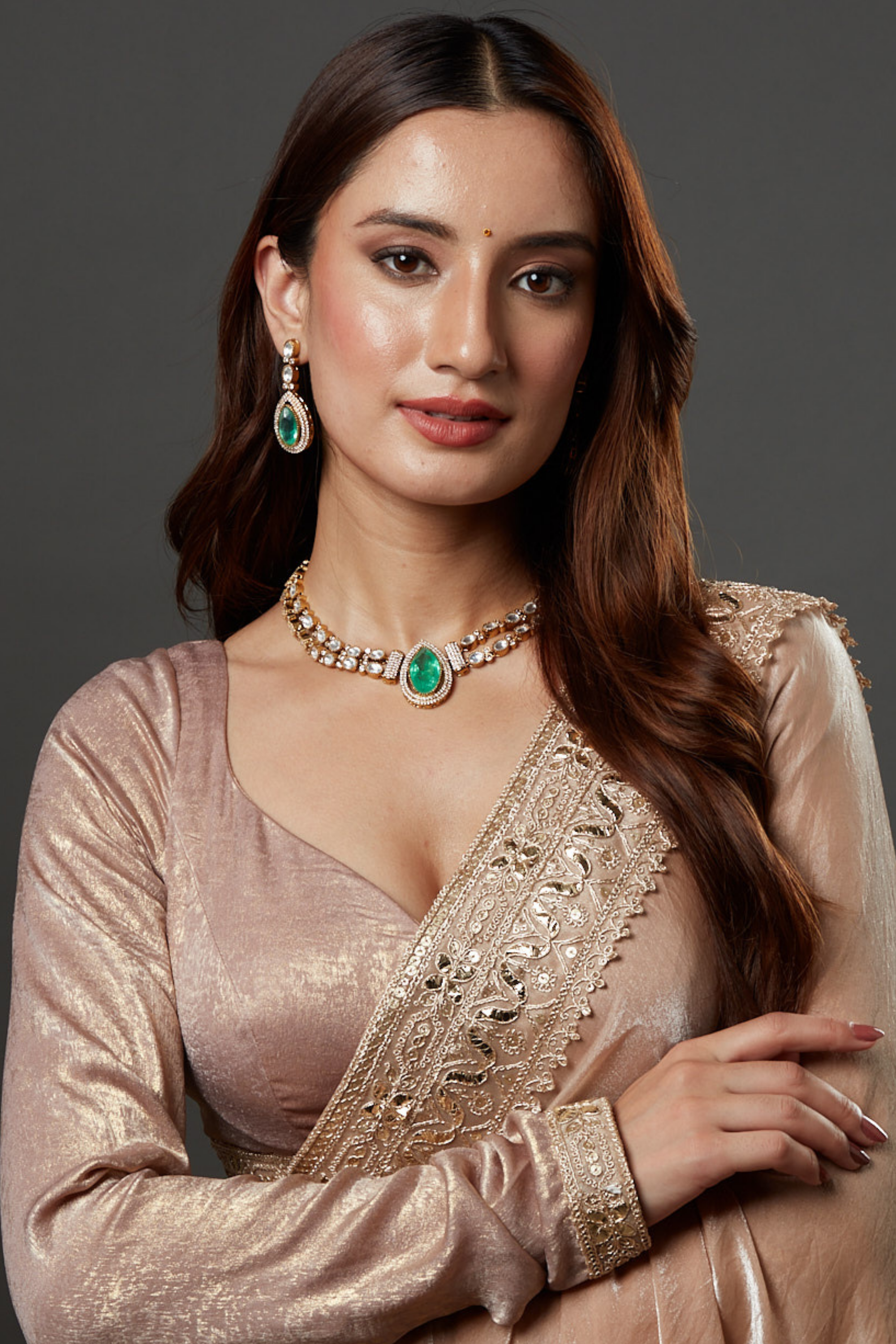 Gold-Plated Kundan-Studded Emerald Stone Long Necklace