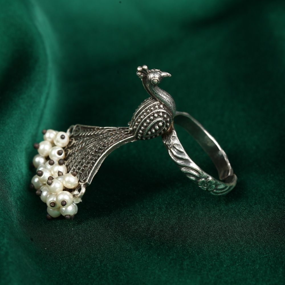 Oxidised German Silver Pearl Peacock Adjustable Ring