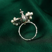 Oxidised German Silver Pearl Peacock Adjustable Ring