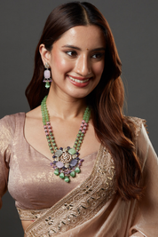Gold Finish Natural Carved Stone Meenakari Necklace