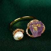 Big Amethyst White Baroque Pearl Finger Ring