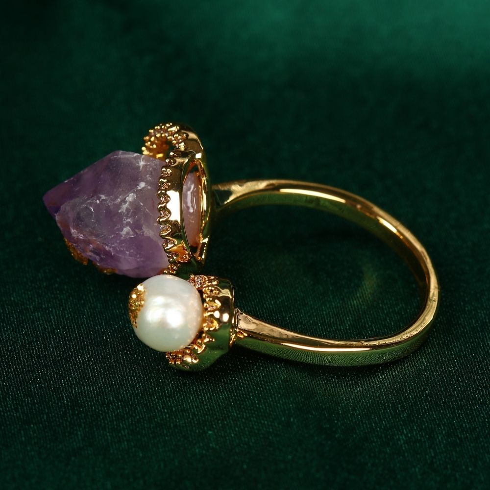 Big Amethyst White Baroque Pearl Finger Ring