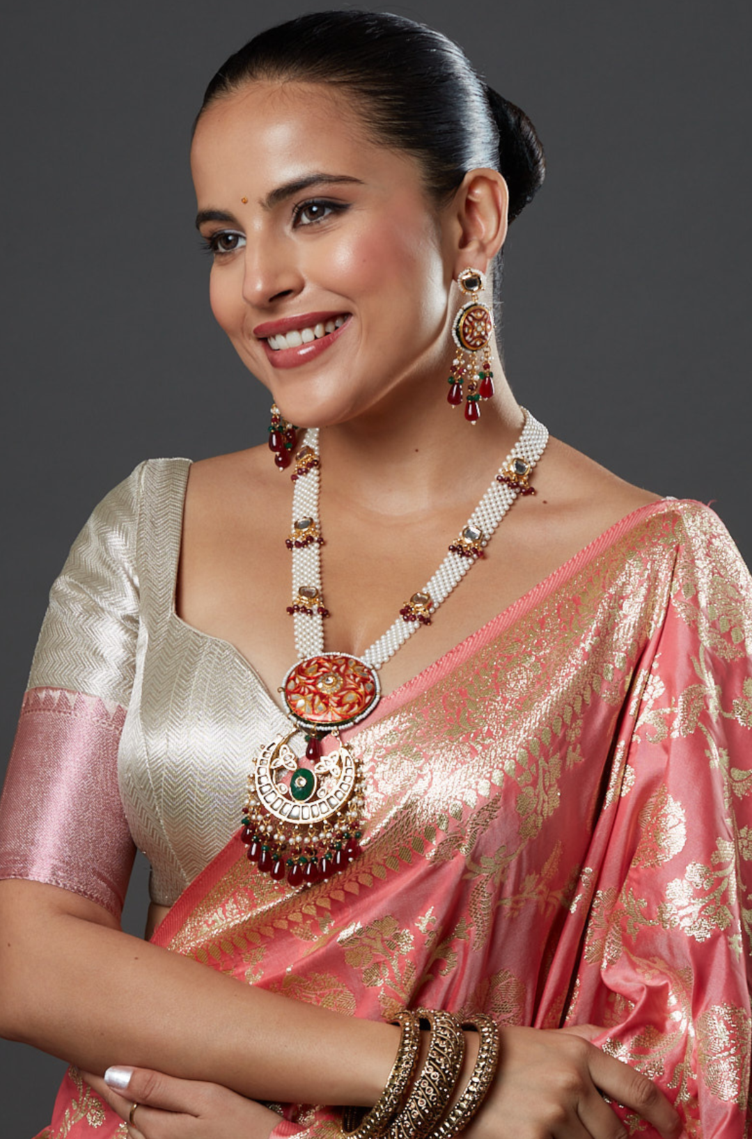 Orange Meenakari with Pearl Strings Kundan Necklace