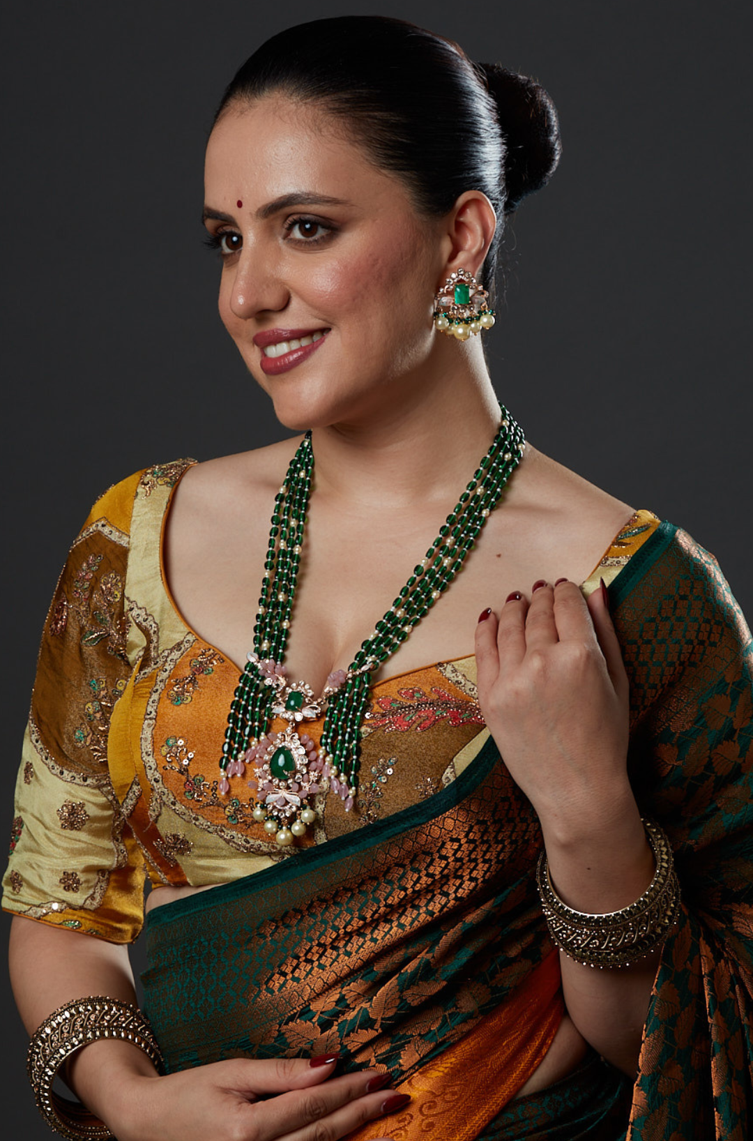 Emerald Beads Mala with Polki Pendant Necklace
