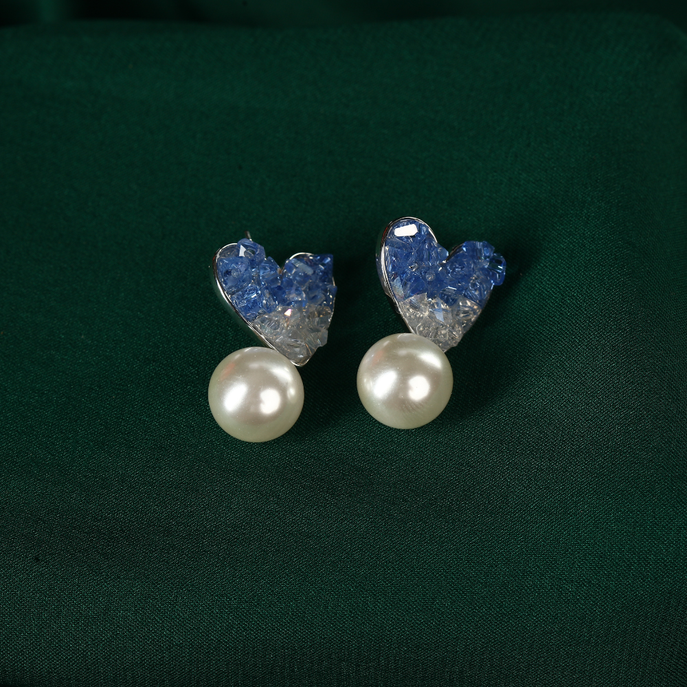 Designer Heart shaped Crystal Stud with Drop Pearl Earring