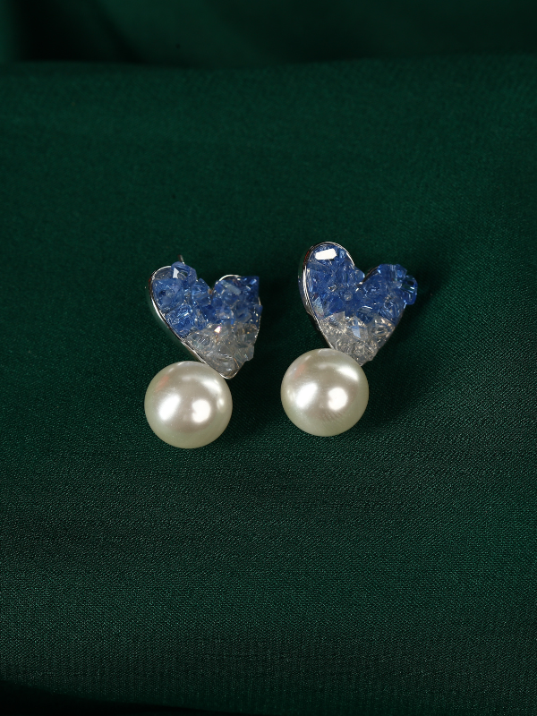 Designer Heart shaped Crystal Stud with Drop Pearl Earring