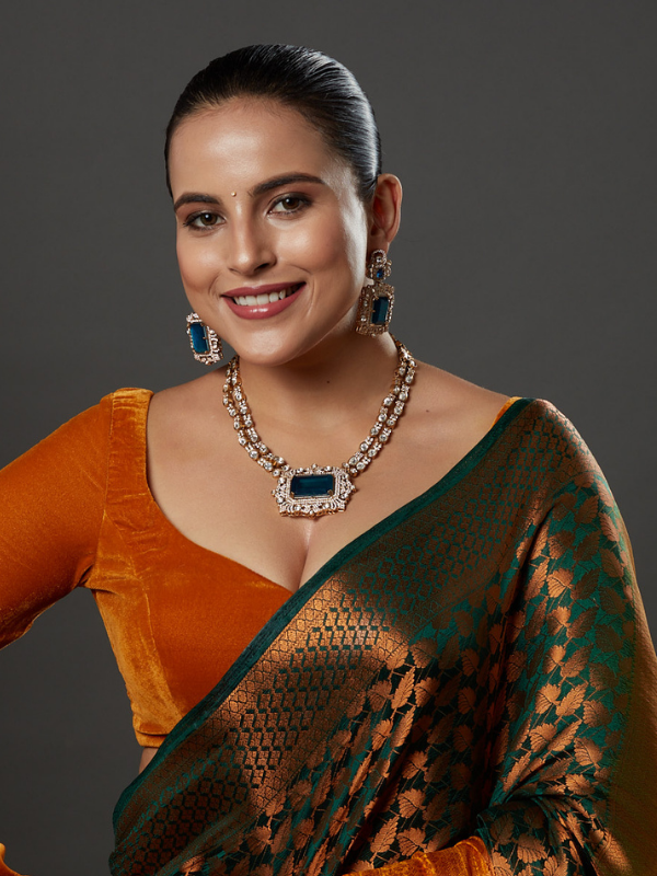 Peacock Blue Stone Silver And Gold Kundan Necklace