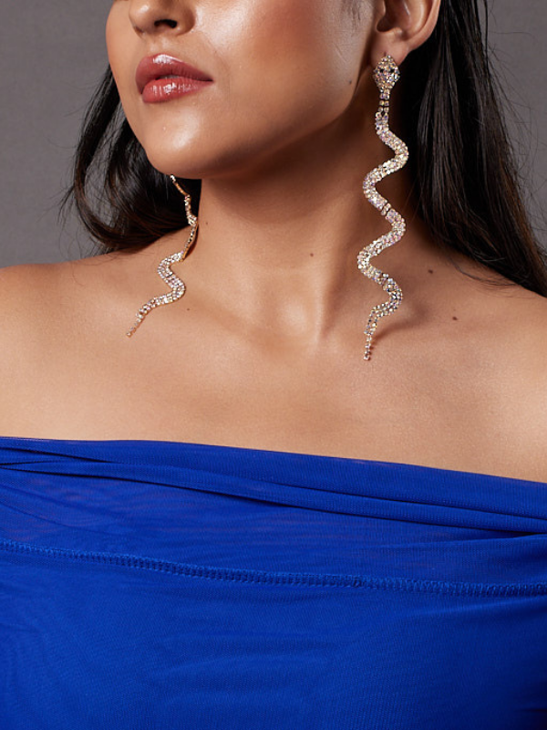 Gorgeous Diamond Studded Long Sterling Silver Snake Earrings