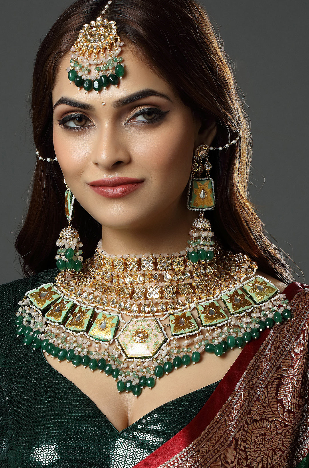 Bridal Emerald Meenakari Ensemble Choker Necklace