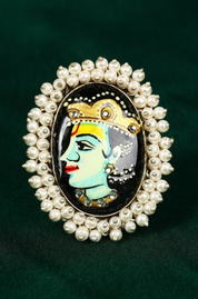 Hand Painted Lord Krishna Antique Oxidized Finger Ring