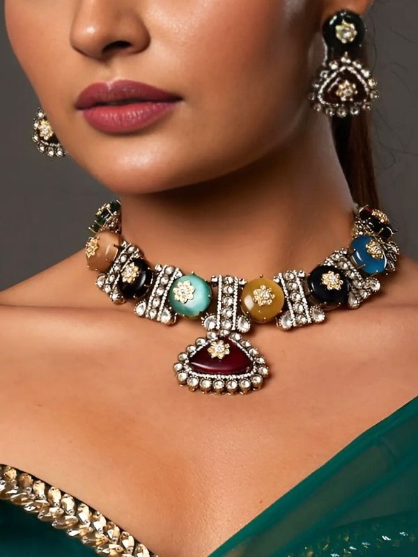 Navratan Choker Style Necklace Set