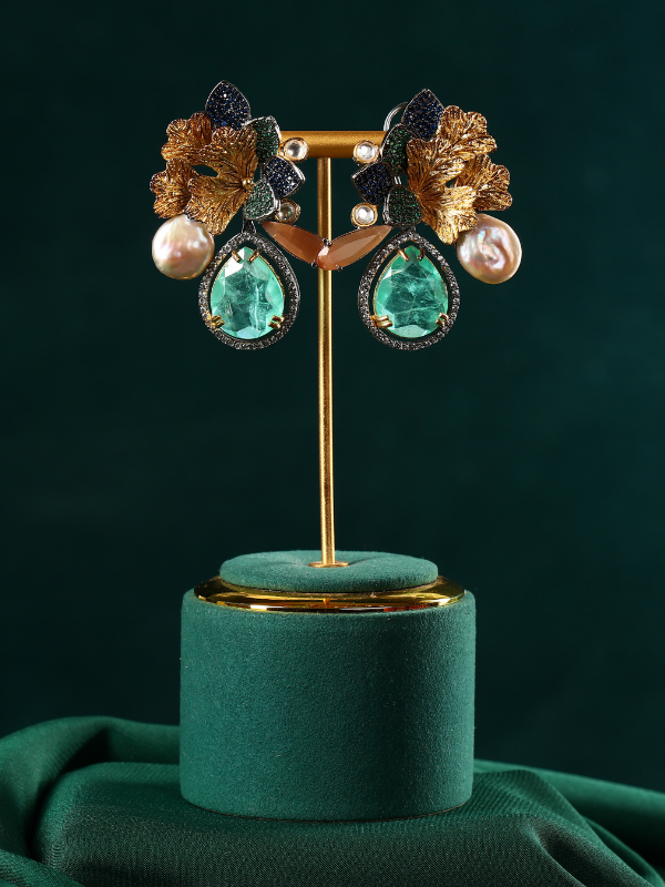 Autumn Leaf Designed Elegant Pearl & Jade Earring