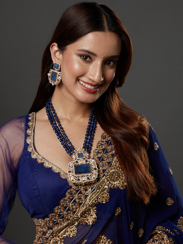 Beautiful Gold Tone CZ Royal Blue Multi Layer Designer Necklace