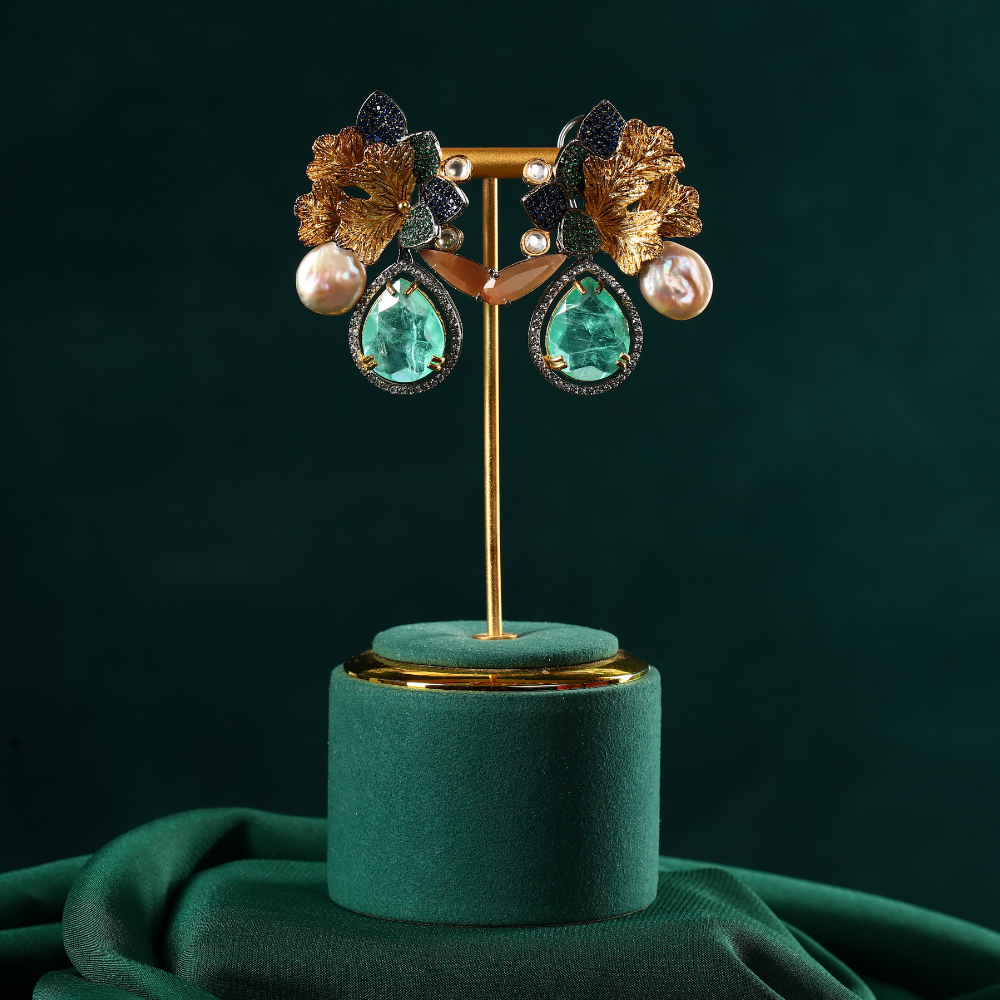 Autumn Leaf Designed Elegant Pearl & Jade Earring