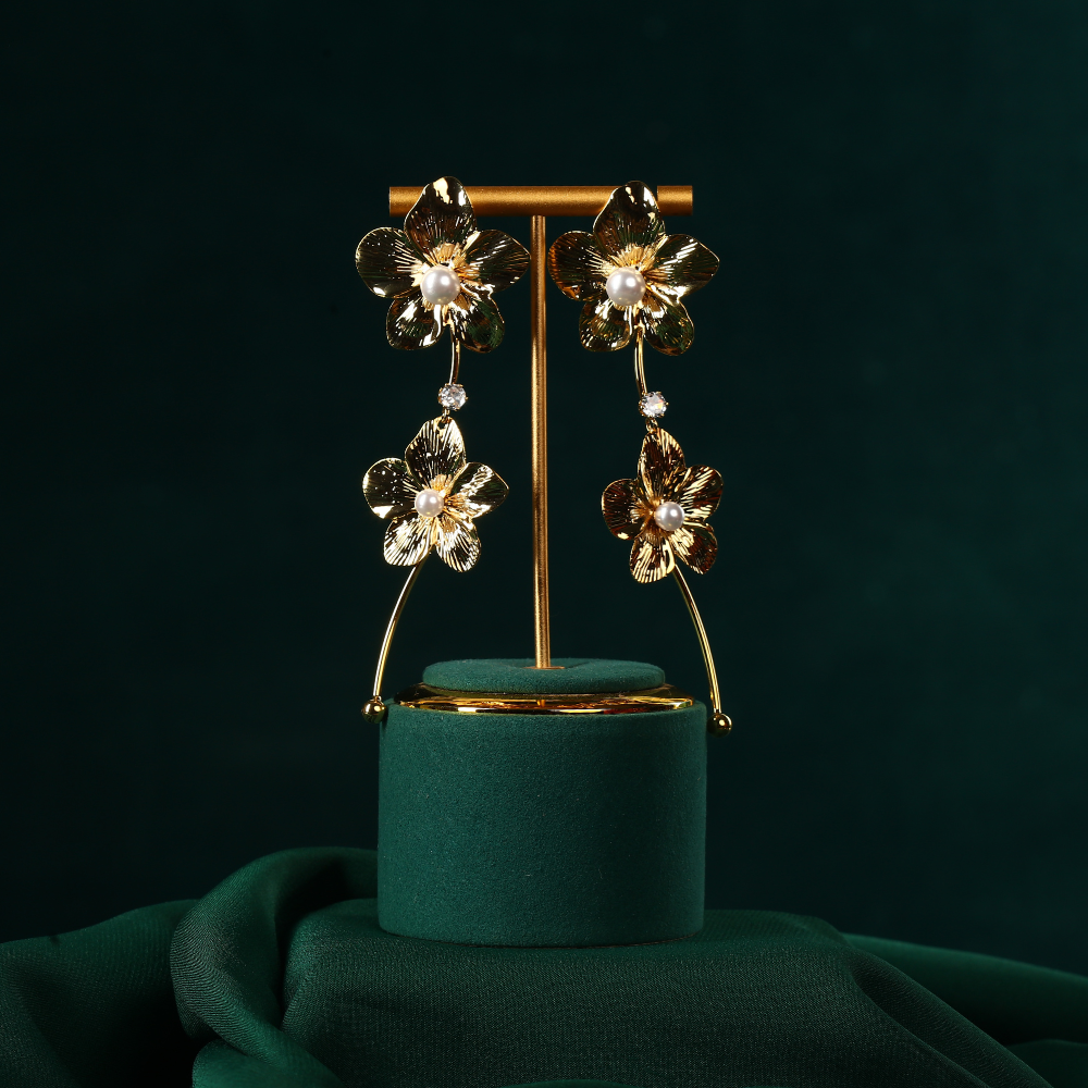 Long Gold Plated Flower with Pearl Earring