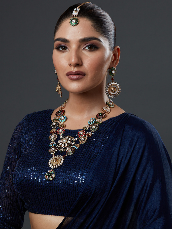 Gold Finish Kundan & Multi-Colored Stone Necklace with Maang Tika