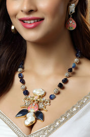 Baroque Pearl & Navy Stone Statement Necklace Set