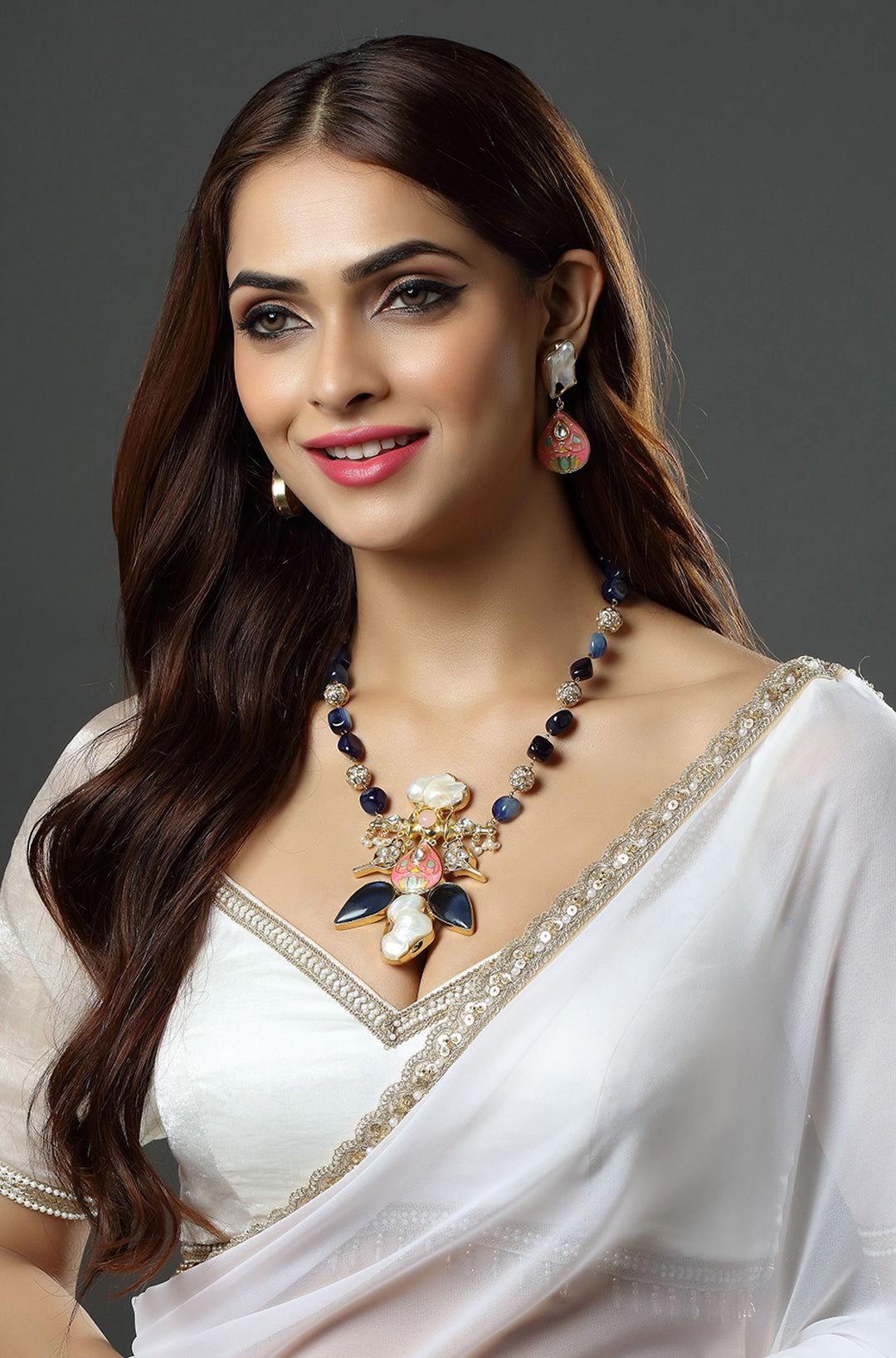 Baroque Pearl & Navy Stone Statement Necklace Set