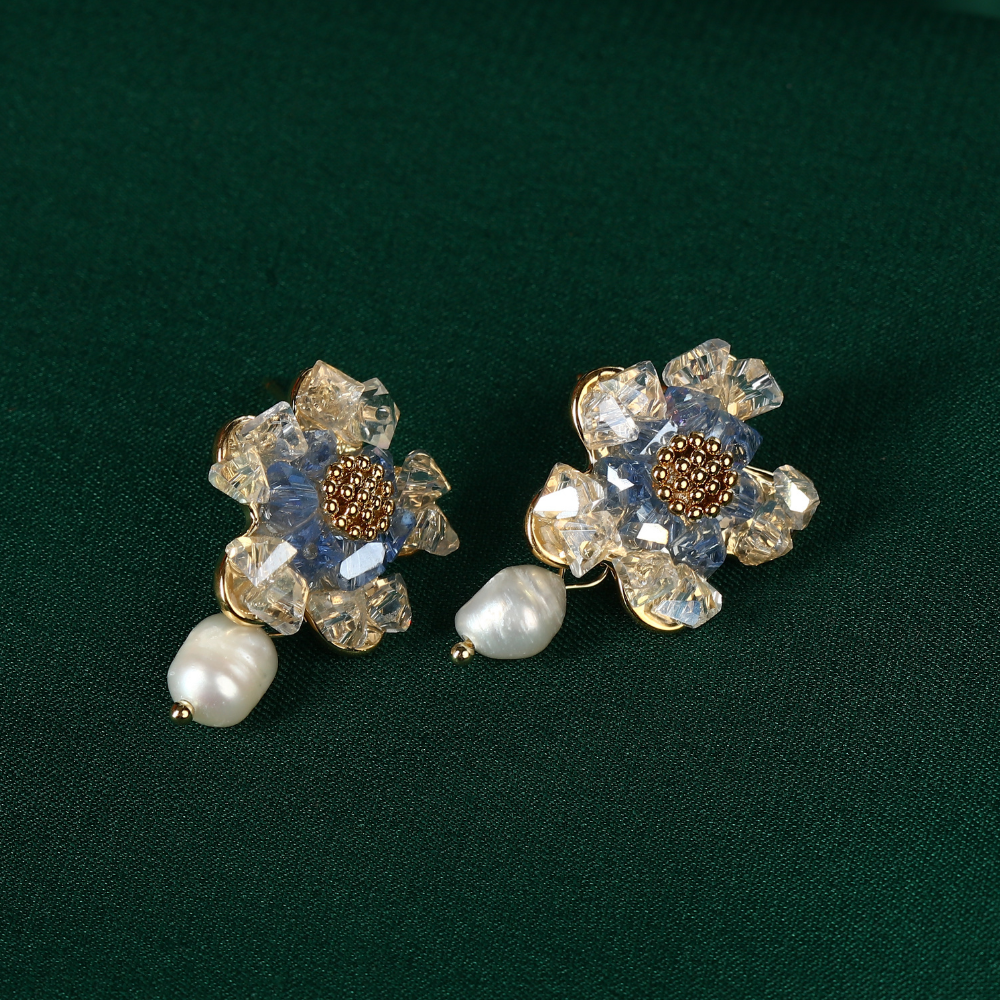 Beautiful Crystal Flower Stud with Gold Plating & Pearl Drop