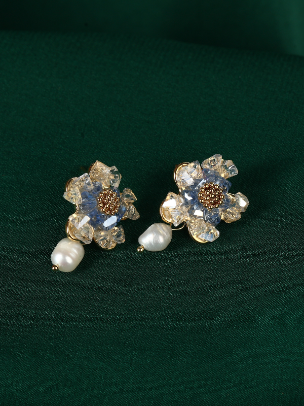 Beautiful Crystal Flower Stud with Gold Plating & Pearl Drop