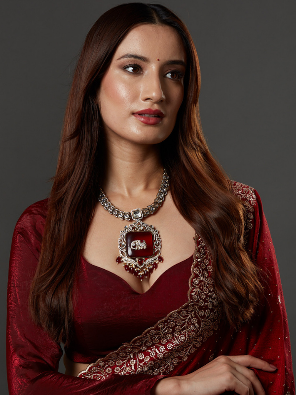 Victorian Maroon Stone with Elephant Embellished Kundan Necklace