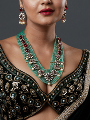 Gold Finish Kundan Polki & Green Agate Beaded Layered Necklace