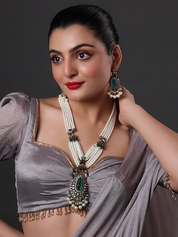 Pearl and Emerald Antique Finish Kundan Polki Long Necklace Haar