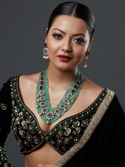 Gold Finish Kundan Polki & Green Agate Beaded Layered Necklace