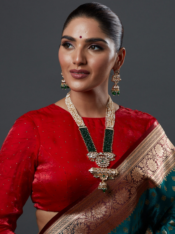 Green Meenakari Multistrand Crystals Beaded Long Necklace