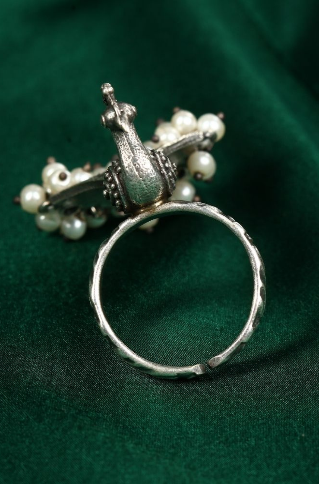 Oxidised German Silver Pearl Peacock Adjustable Ring