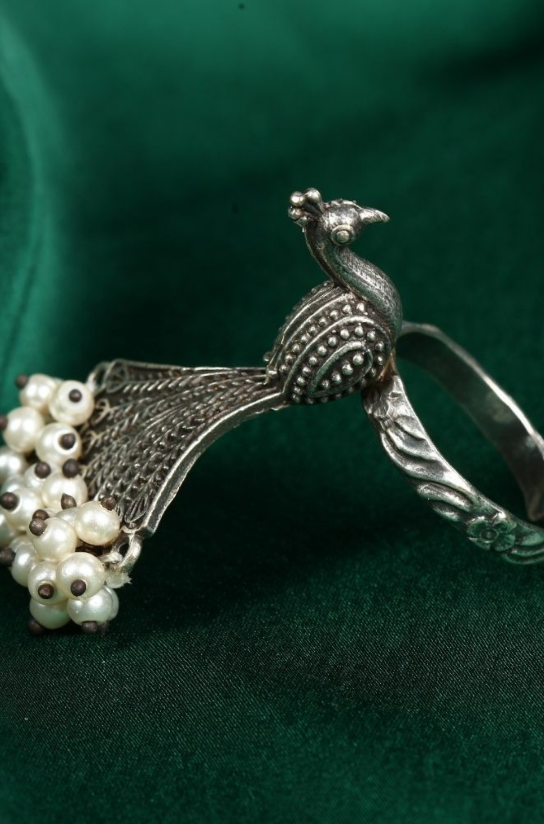 Oxidised German Silver Pearl Peacock Adjustable Ring