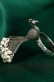 Oxidised German Silver Pearl Peacock Adjustable Ring