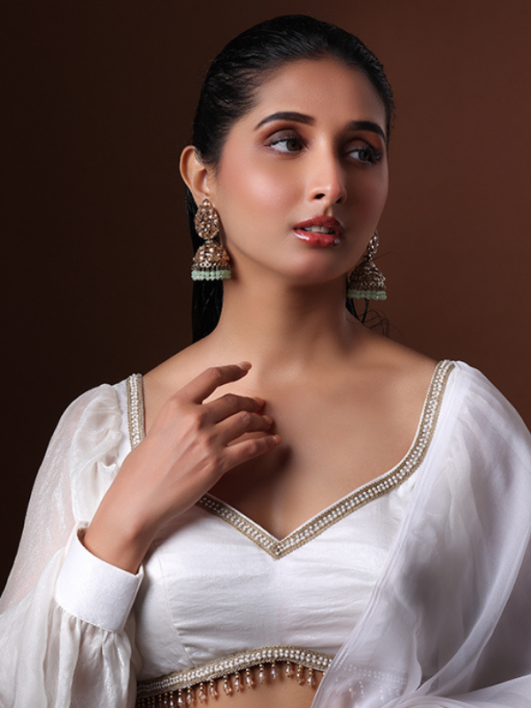 White & Gold Kundan Jhumki With Sea Blue Polki Beads