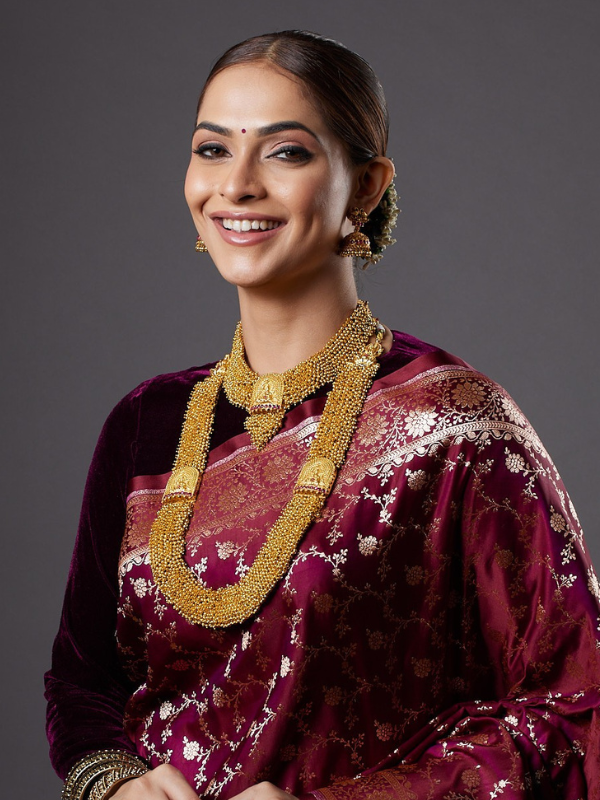 Gold Polish & Beaded Goddess Lakshmi Beautiful Long Temple Necklace