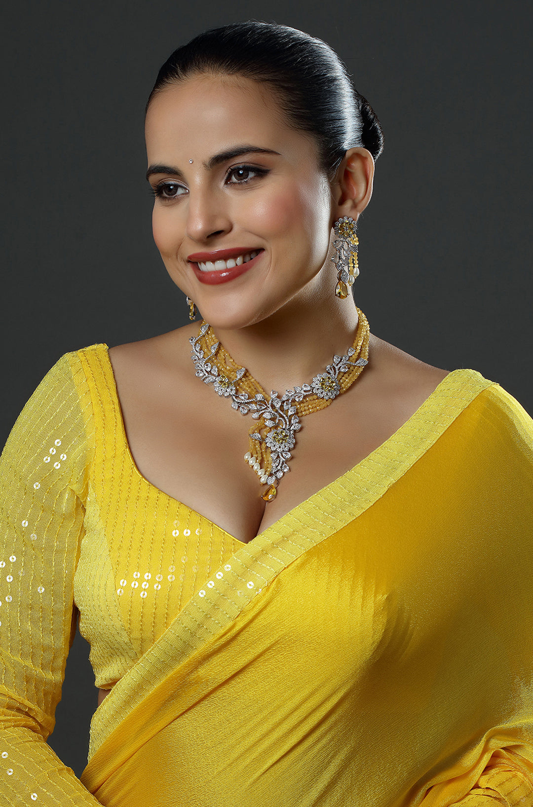 Silver-Tone CZ Sky Yellow-White Oval Stone Flower with Bead Layered Necklace