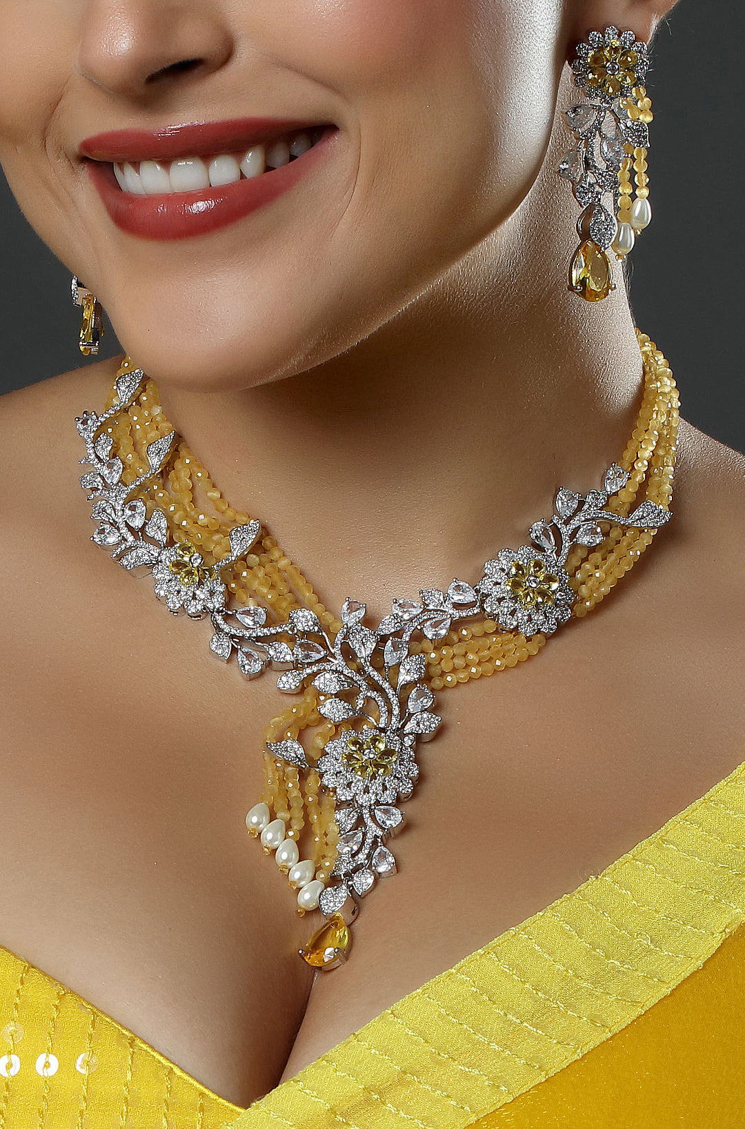 Silver-Tone CZ Sky Yellow-White Oval Stone Flower with Bead Layered Necklace