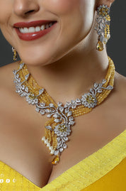 Silver-Tone CZ Sky Yellow-White Oval Stone Flower with Bead Layered Necklace