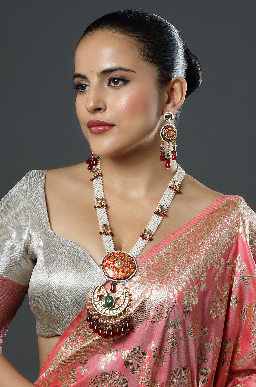 Orange Meenakari with Pearl Strings Kundan Necklace