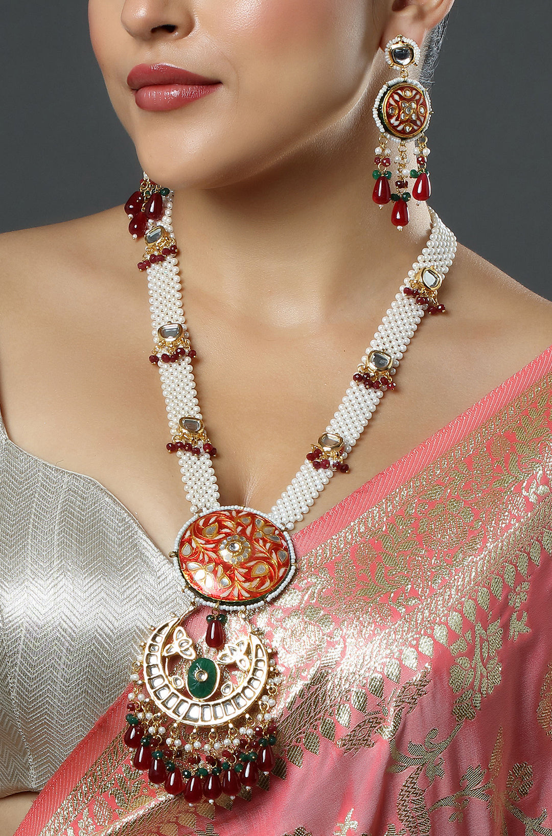 Orange Meenakari with Pearl Strings Kundan Necklace