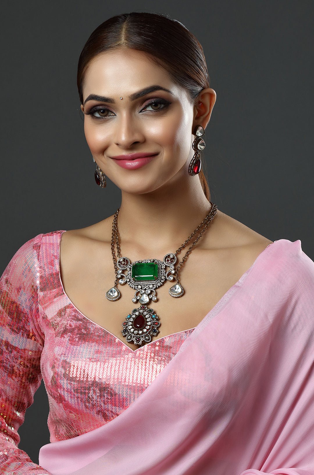 Regal Green Stone Heritage Ensemble Necklace