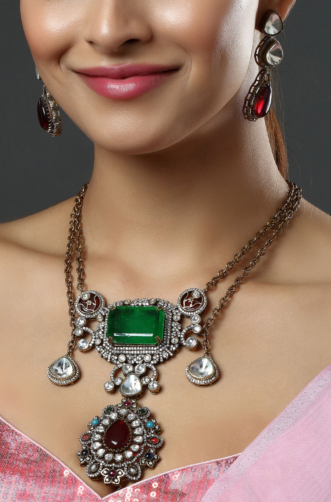 Regal Green Stone Heritage Ensemble Necklace