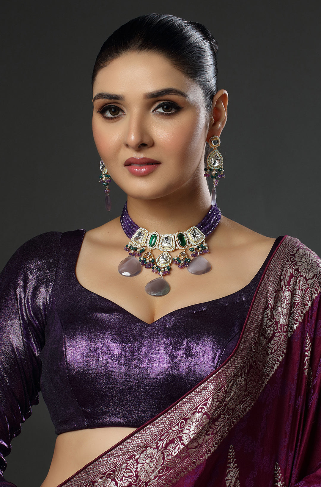 Purple Stone & Purple Beads Drop Kundan Bridal Choker Necklace