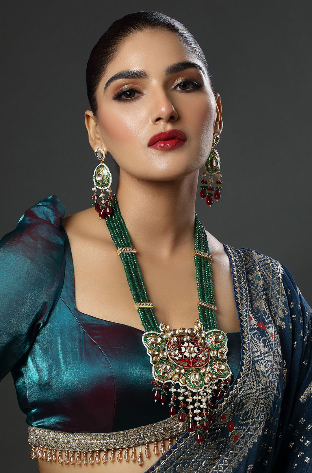 Rajasthani Long Meenakari Beautiful 5 Layers Green Crystal Necklace
