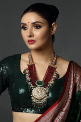 Maroon & Green Kundan Jadau Pendant Chain Multilayer Mala