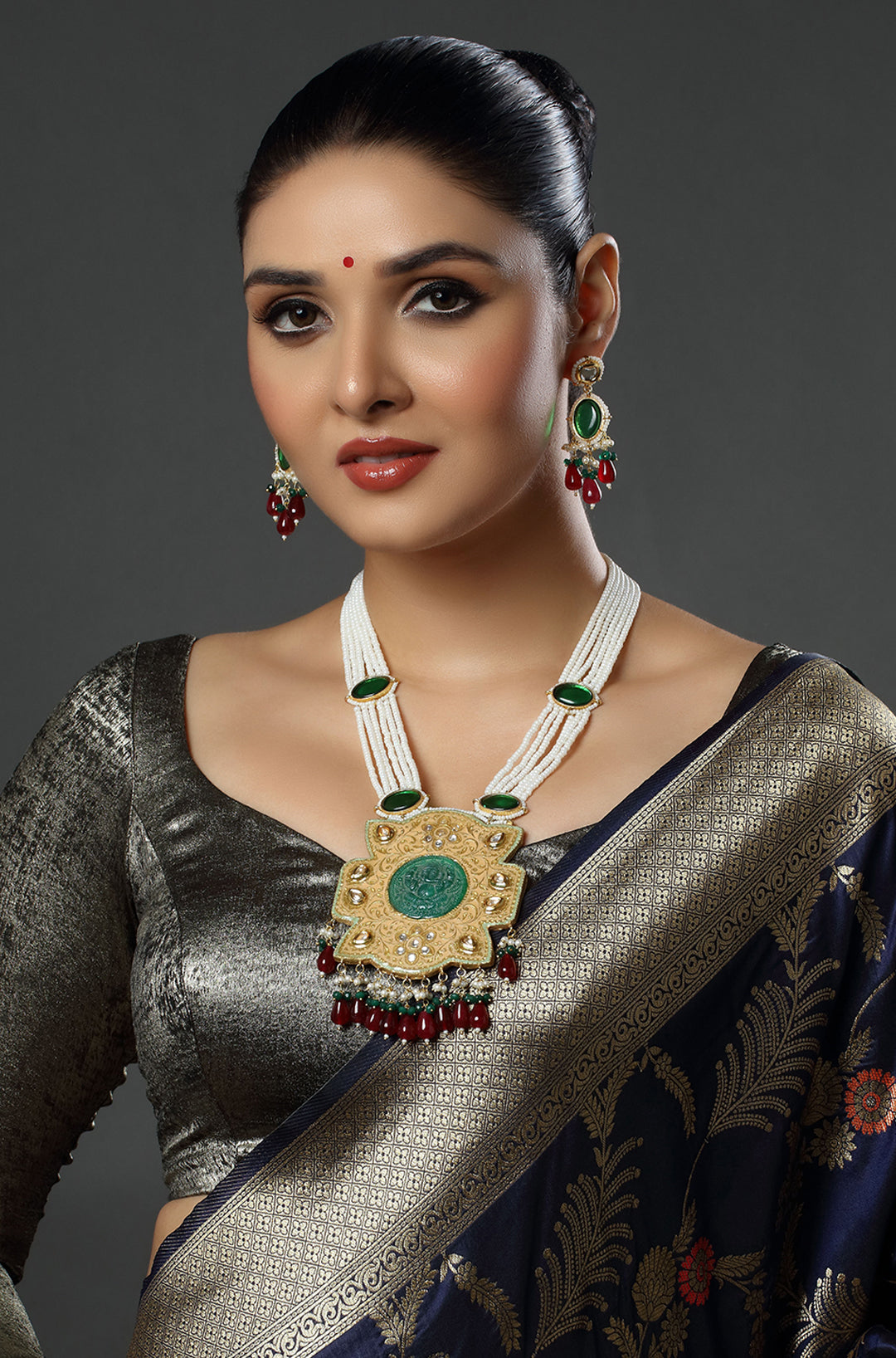 Pearls Green Meenakari Multistrand Beaded Kundan Necklace