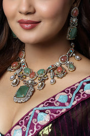 Pastel Polki & Emerald Charm Statement Necklace Set