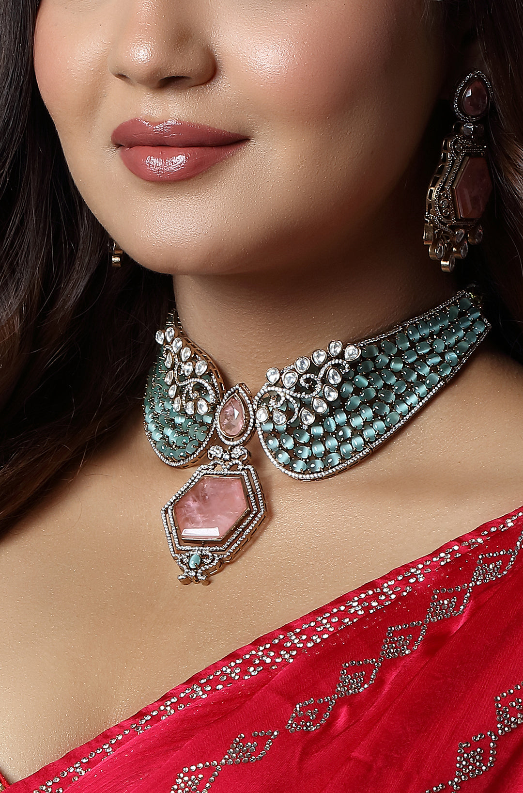 Pastel Mint & Blush Polki Collar Choker Set
